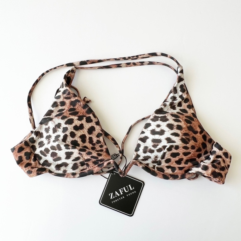 ZAFUL Womens Animal Print Cheetah V Wired Low Cut Strappy Bikini Top Size S